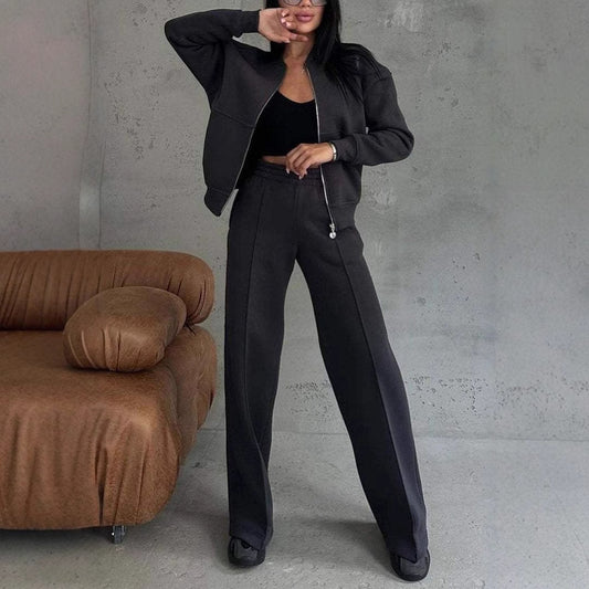 Women's Sports Suit - Zipper Jacket & Wide Leg Pants Two-Piece Set