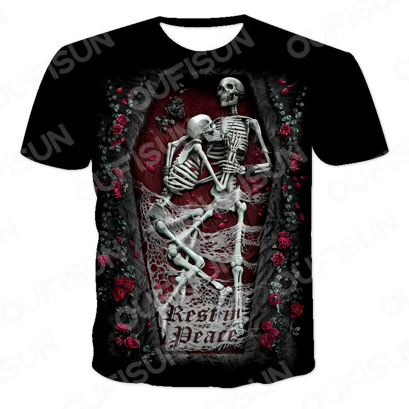 Men's Motorcycle Skull Print T-Shirt - Punk Streetwear Tee (6XL)
