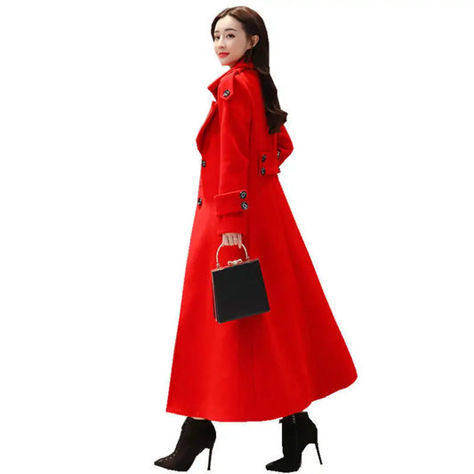 Women's Korean Slim Waist Over-Knee Woolen Coat - Elegant Winter Outerwear