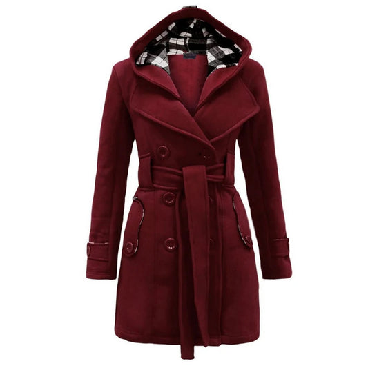 Women's Vintage Slim Woolen Coat with Belt - Double Breasted Winter Jacket