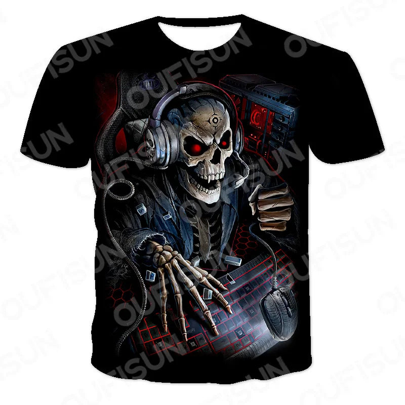 Men's Motorcycle Skull Print T-Shirt - Punk Streetwear Tee (6XL)