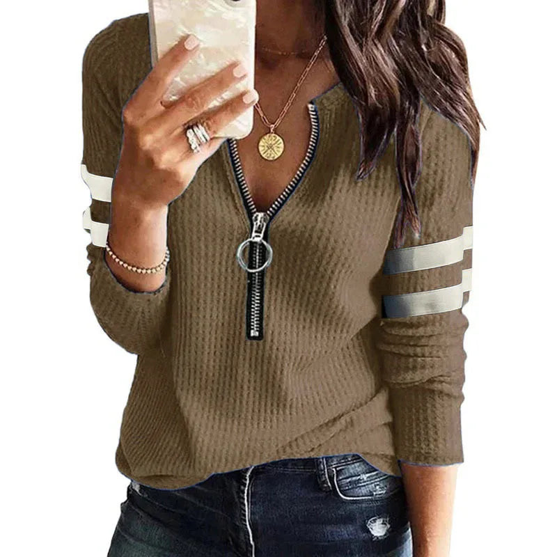 Women's Striped Zipper V-Neck Long Sleeve T-Shirt - Fashion Spliced Top