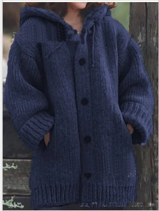 Women's Hooded Cardigan - Loose Mid-Length Sweater with Pockets