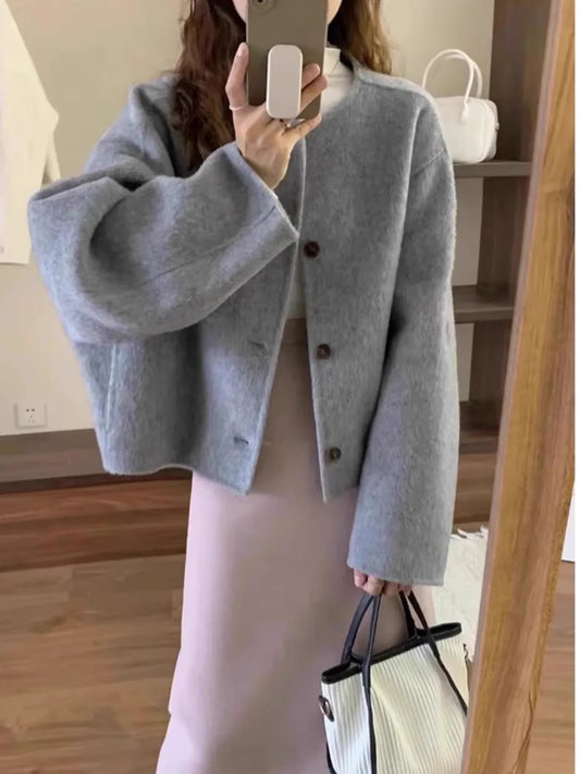 Women's Premium Wool Coat - Korean Style Oversized Grey Winter Jacket