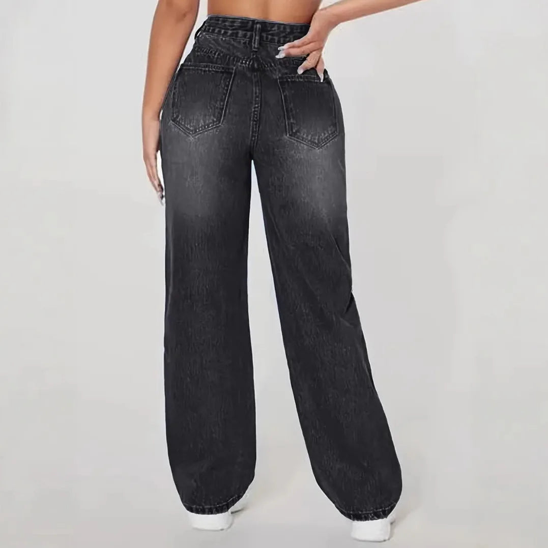 Women Denim Wide Long Leg High Waist Straight Trousers Y2k Streetwear