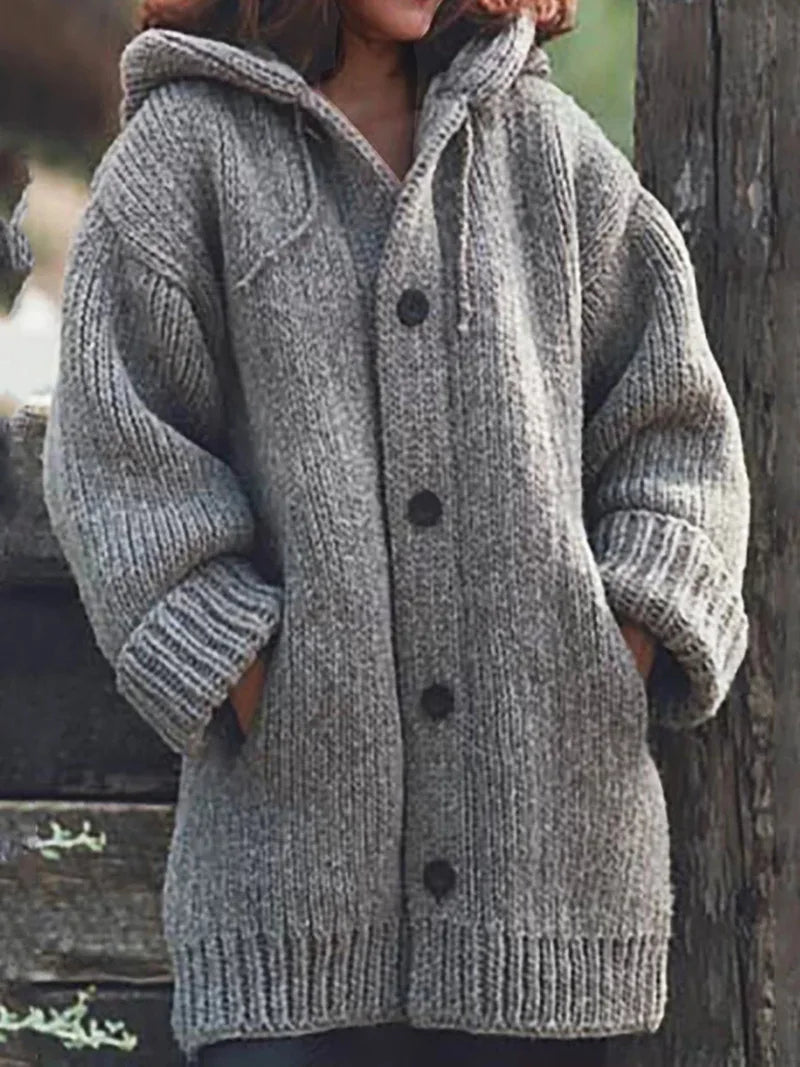 Women's Hooded Cardigan - Loose Mid-Length Sweater with Pockets
