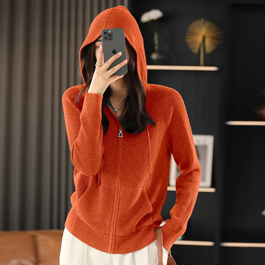 Women Autumn Winter Wool Blend Sweater Hooded Collar Cardigan