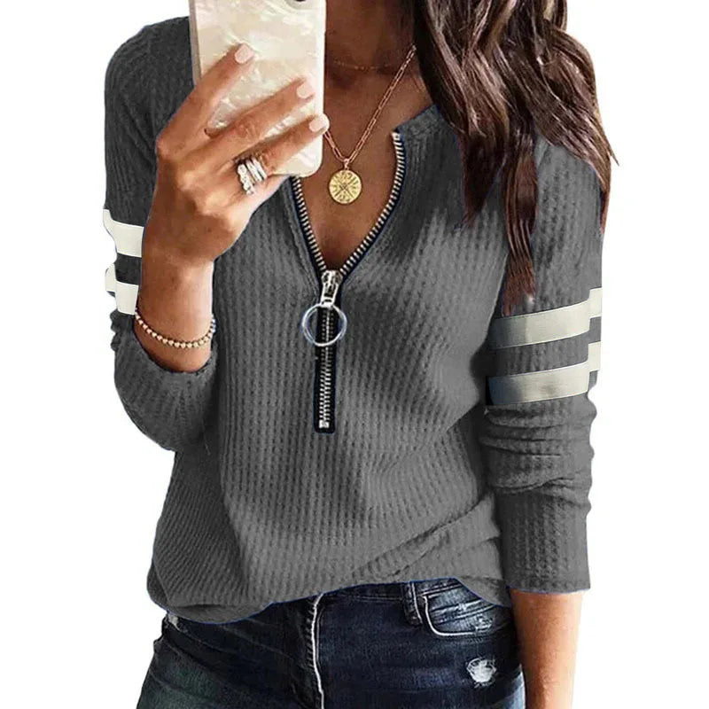Women's Striped Zipper V-Neck Long Sleeve T-Shirt - Fashion Spliced Top