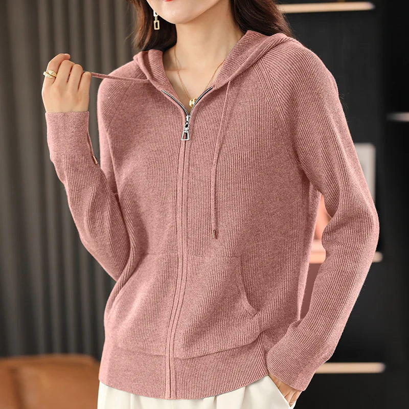 Women Autumn Winter Wool Blend Sweater Hooded Collar Cardigan