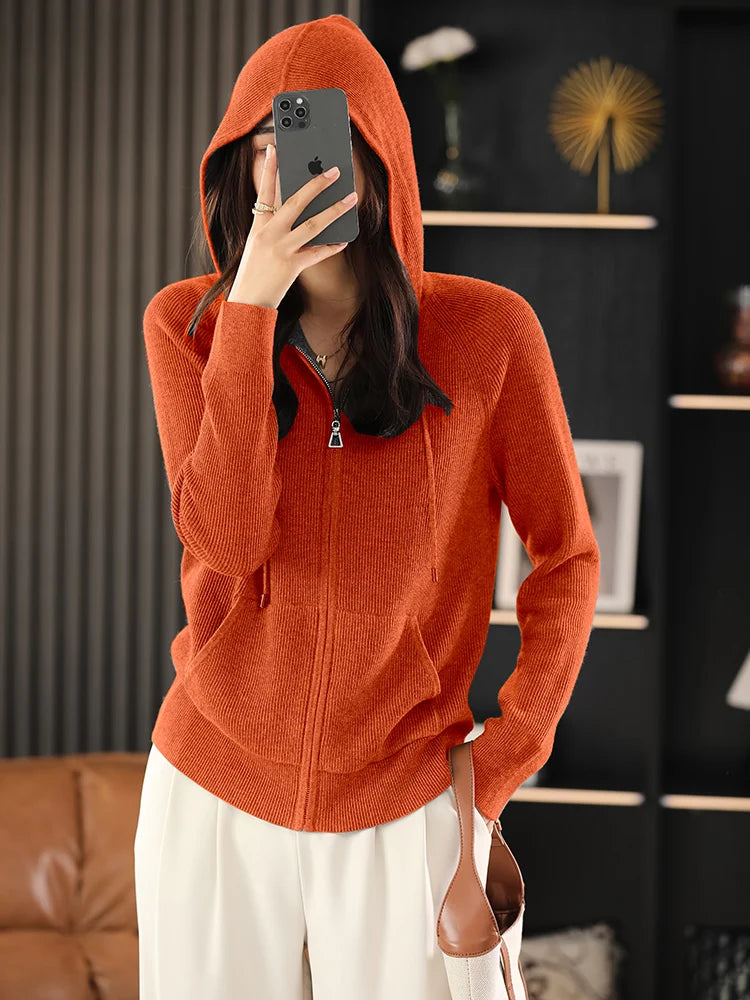 Women Autumn Winter Wool Blend Sweater Hooded Collar Cardigan