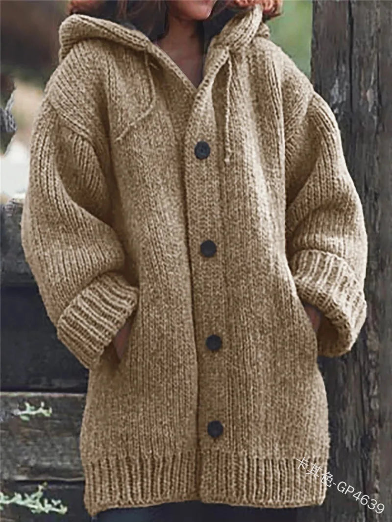 Women's Hooded Cardigan - Loose Mid-Length Sweater with Pockets