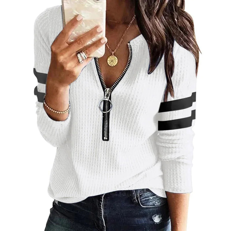 Women's Striped Zipper V-Neck Long Sleeve T-Shirt - Fashion Spliced Top
