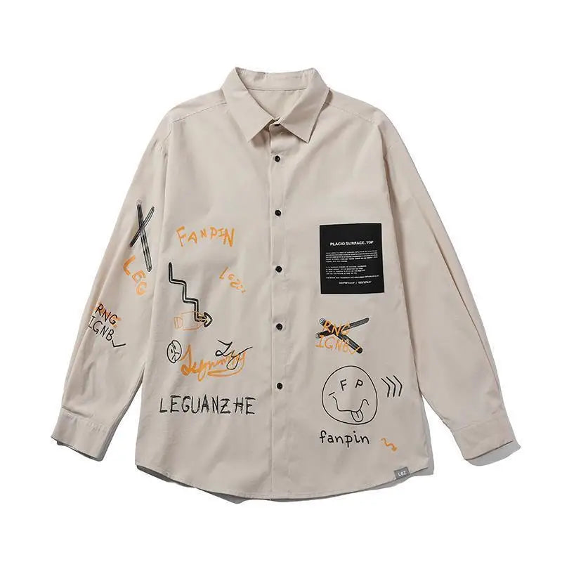 Men's Korean Style Graffiti Long Sleeve Shirt - Streetwear Fashion