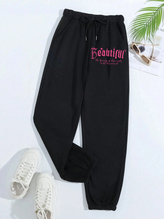 Pink Letter Printing Women'S Autumn Casual Basic Loose Streetwear Comfy Pant