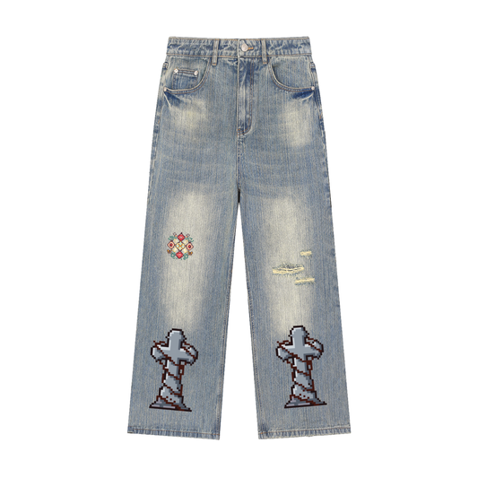 Jabhaus Pixel Cross Embroidered Baggy Jeans