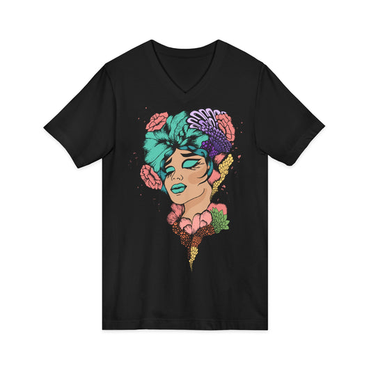 Jabhaus Floral Portrait Graphic V-Neck T-Shirt.