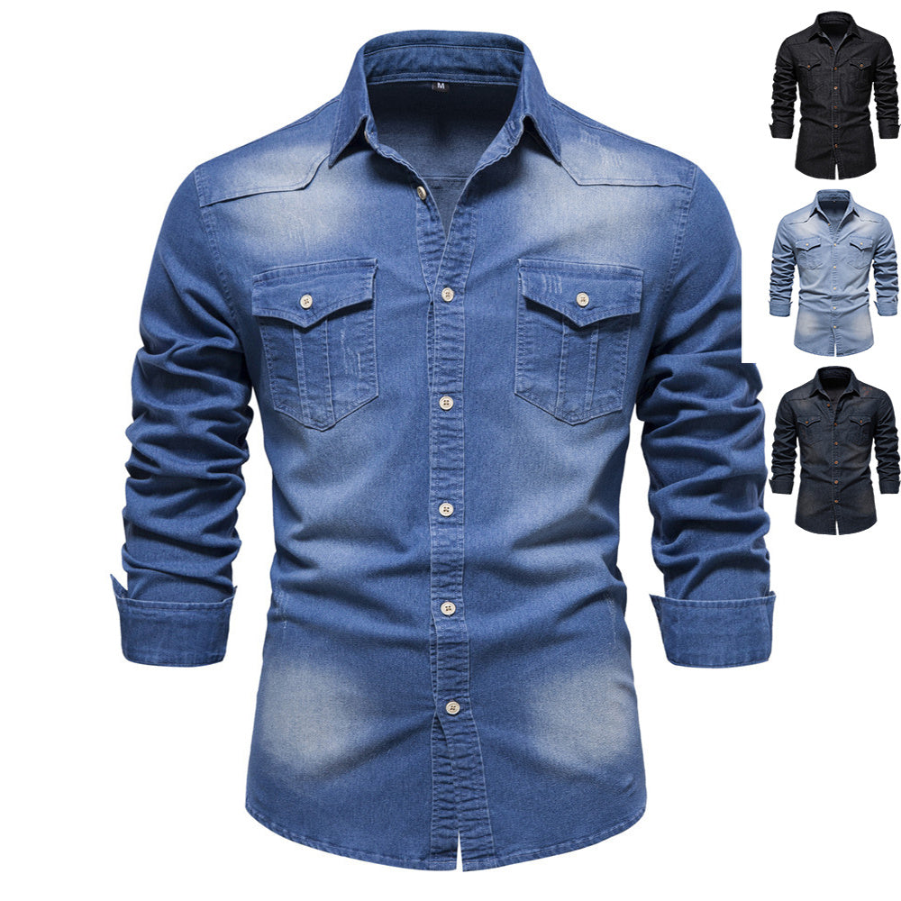 Men's Long-sleeved Denim Shirt Casual Solid Button Slim Top