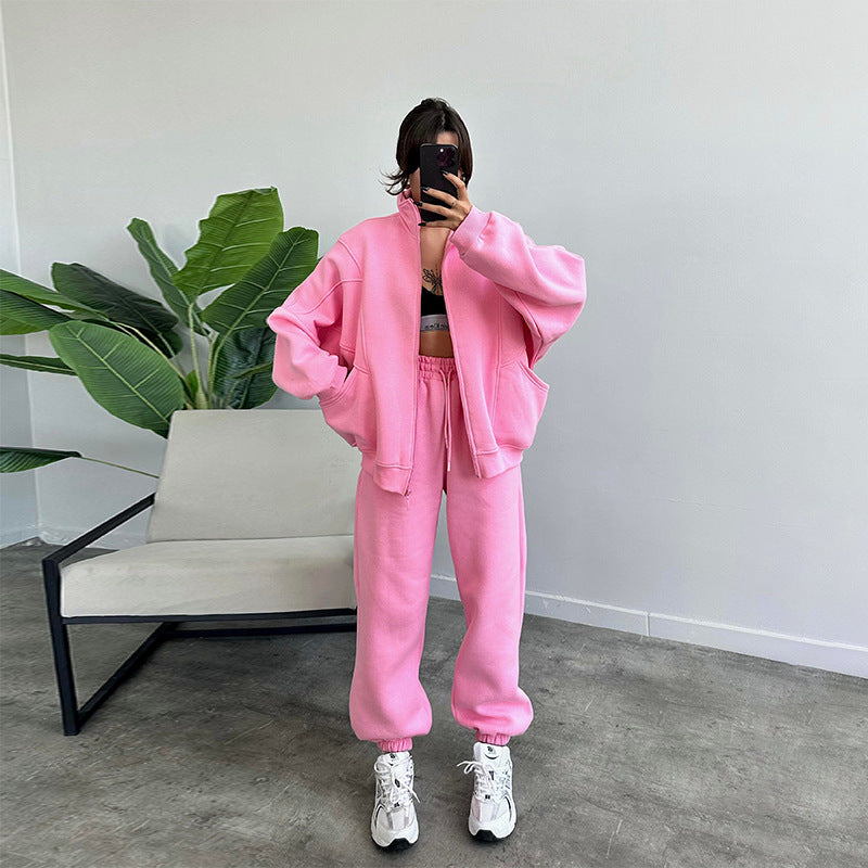 Women's Jogger Tracksuit Set - Zipper Cardigan & Drawstring Pants