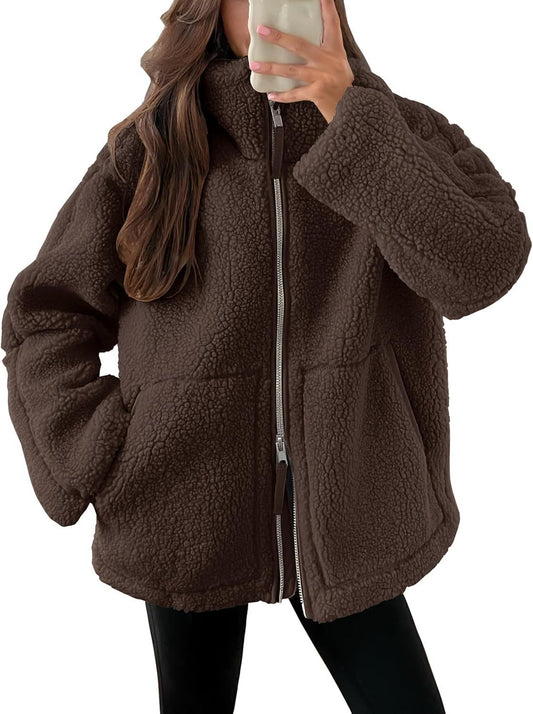 Women’s Winter Lapel Zip-Up Fleece Jacket with Pockets