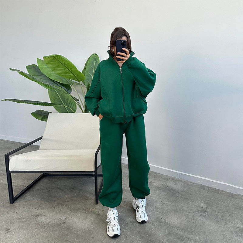 Women's Jogger Tracksuit Set - Zipper Cardigan & Drawstring Pants