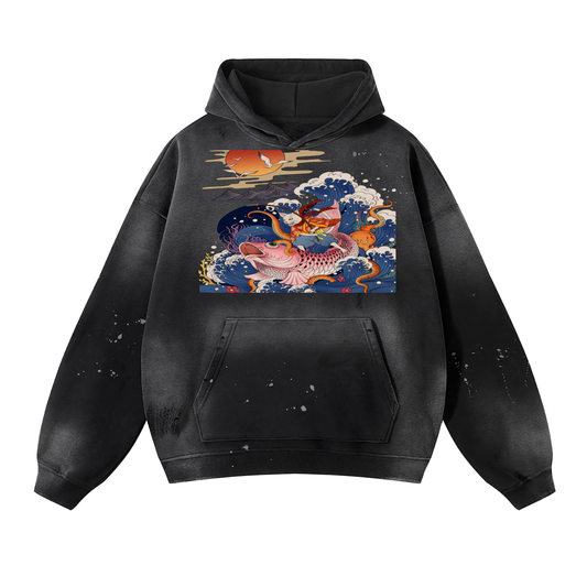 Vintage Washed Frayed Fleece Hoodie