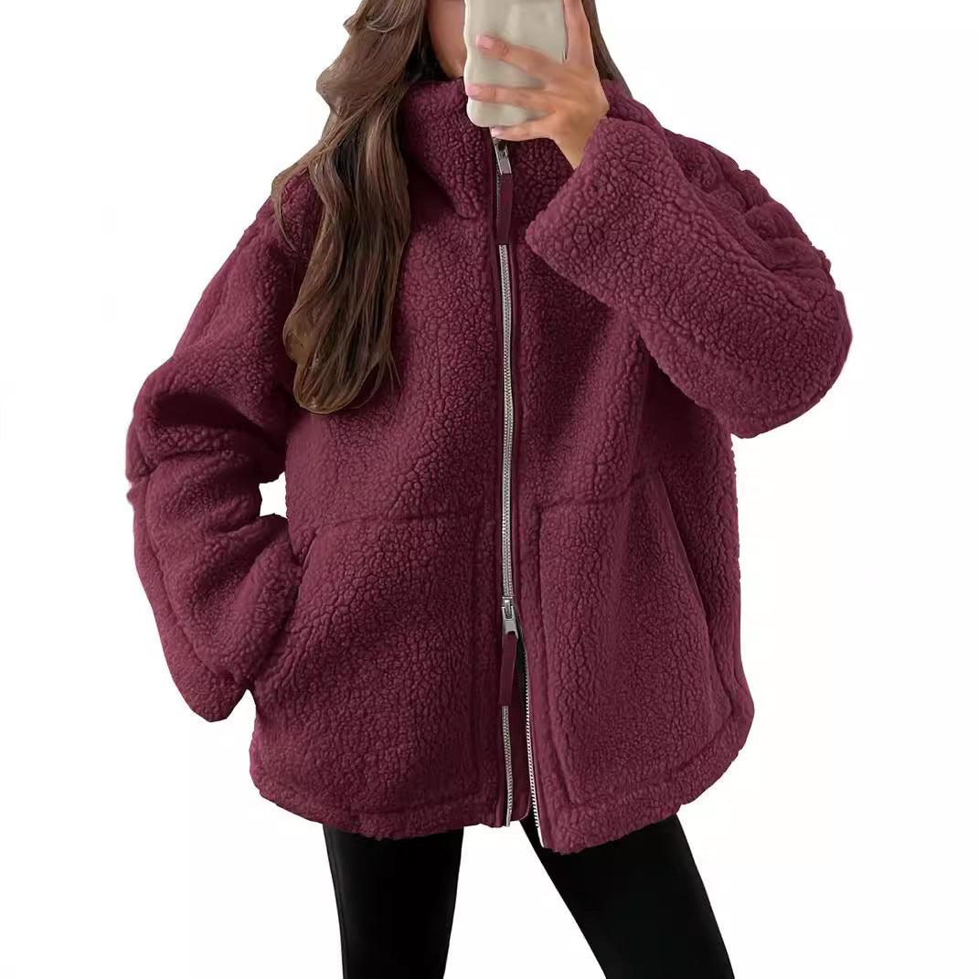 Women’s Winter Lapel Zip-Up Fleece Jacket with Pockets