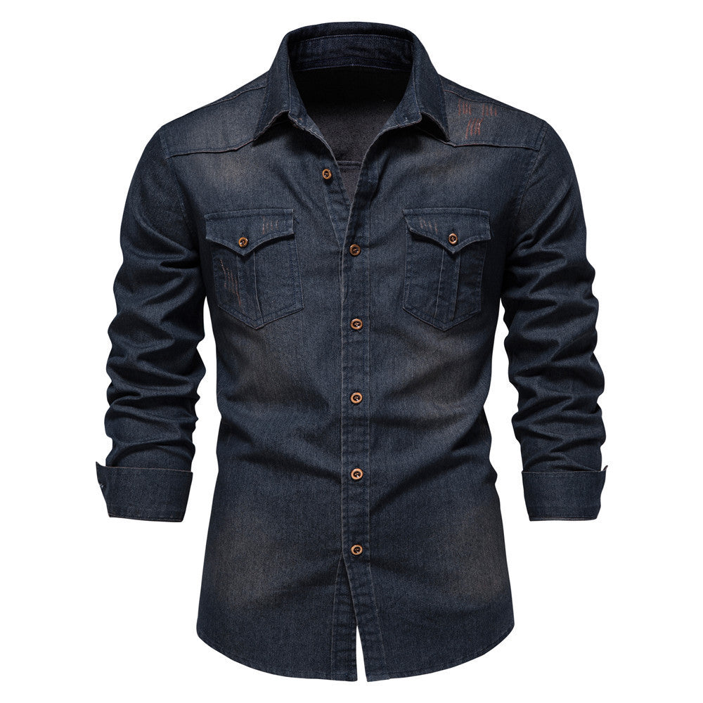 Men's Long-sleeved Denim Shirt Casual Solid Button Slim Top