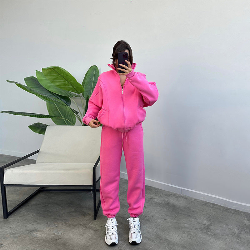 Women's Jogger Tracksuit Set - Zipper Cardigan & Drawstring Pants