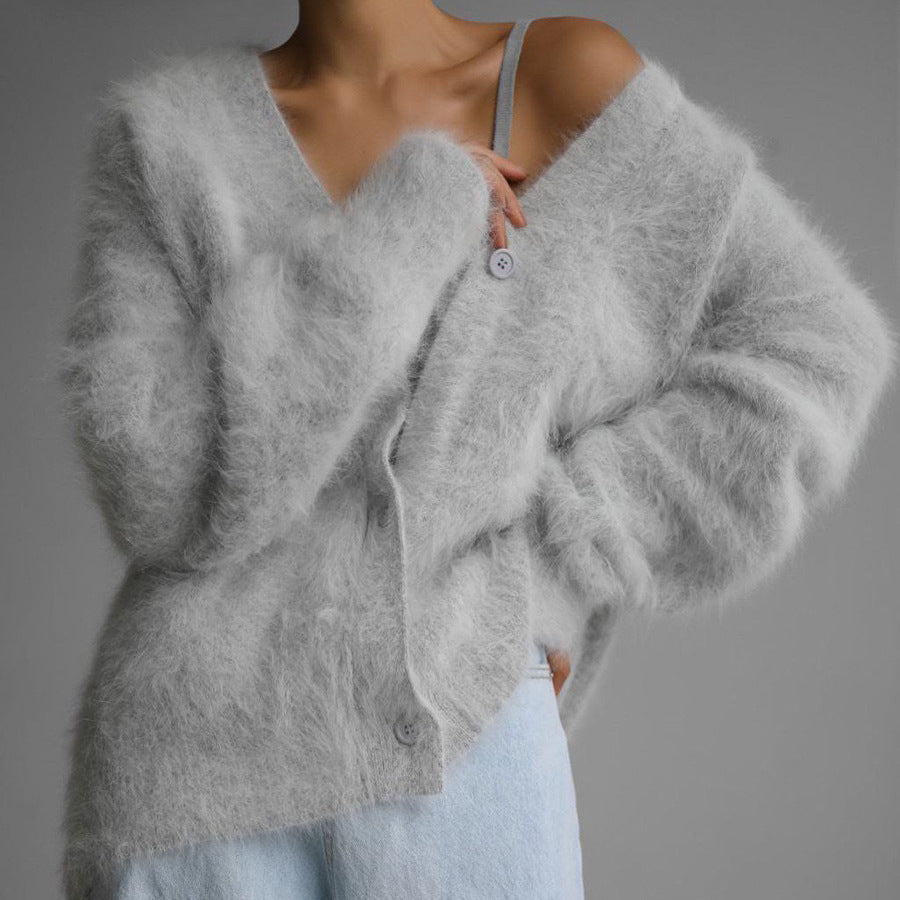 Loose V-Neck Button Cardigan – Fall/Winter Knitted Sweater for Women