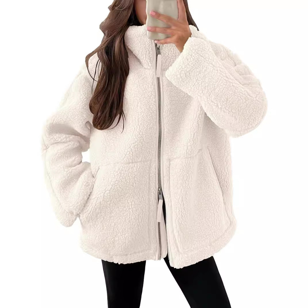 Women’s Winter Lapel Zip-Up Fleece Jacket with Pockets