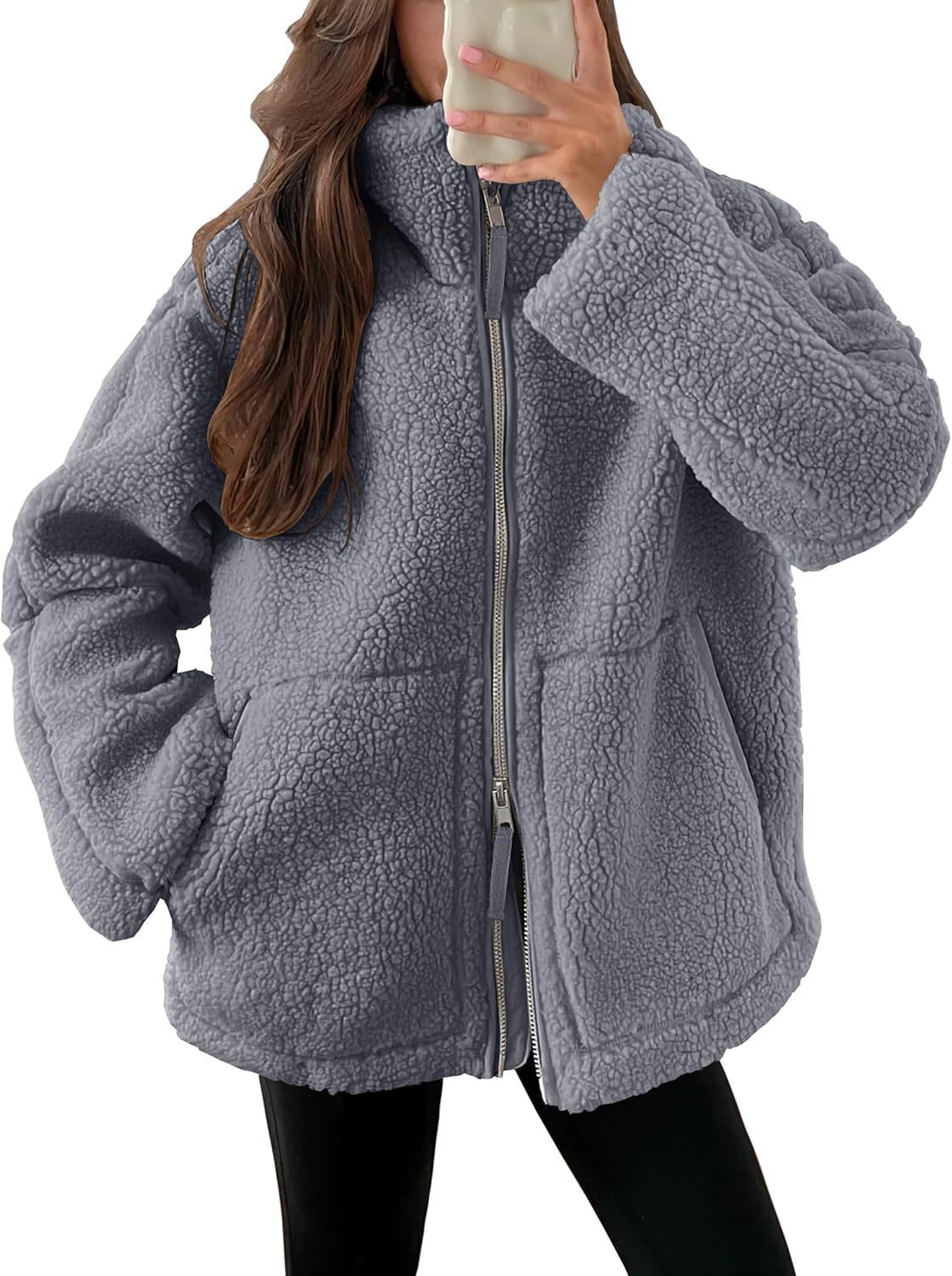 Women’s Winter Lapel Zip-Up Fleece Jacket with Pockets