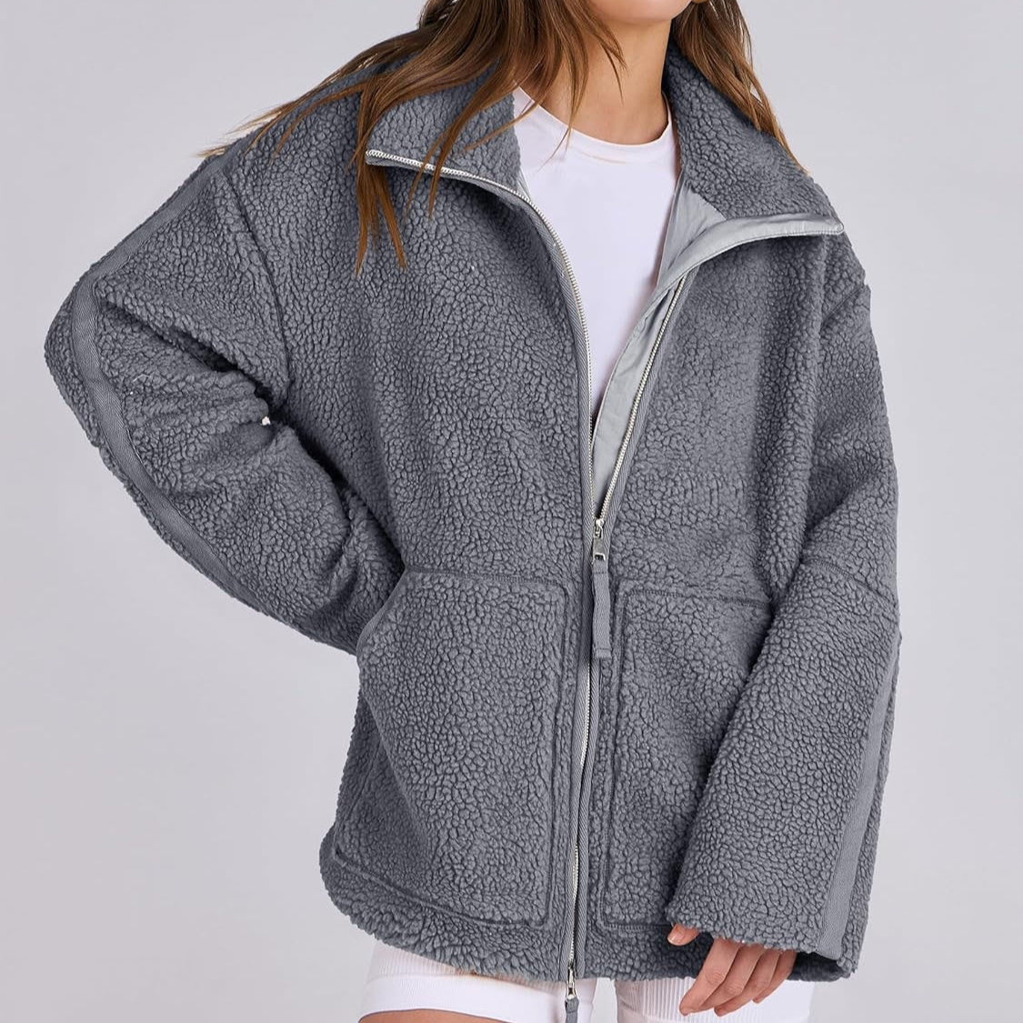 Women’s Winter Lapel Zip-Up Fleece Jacket with Pockets