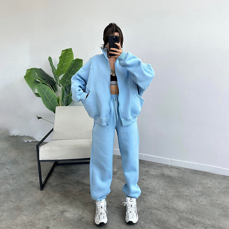 Women's Jogger Tracksuit Set - Zipper Cardigan & Drawstring Pants