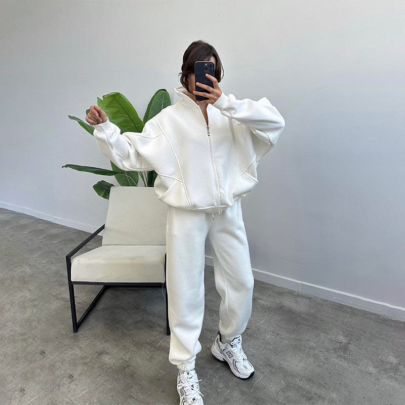 Women's Jogger Tracksuit Set - Zipper Cardigan & Drawstring Pants
