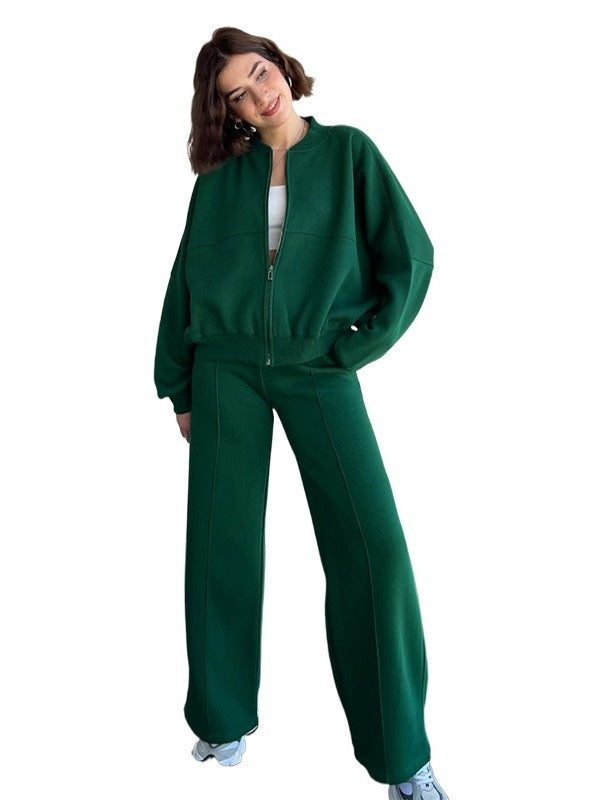 Women's Sports Suit - Zipper Jacket & Wide Leg Pants Two-Piece Set