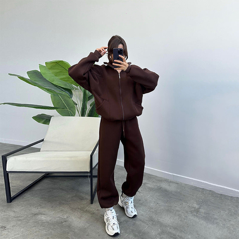 Women's Jogger Tracksuit Set - Zipper Cardigan & Drawstring Pants