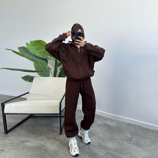 Women's Jogger Tracksuit Set - Zipper Cardigan & Drawstring Pants