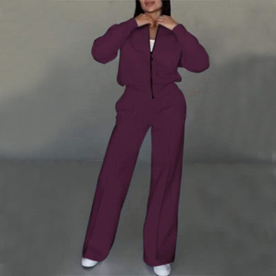 Women's Sports Suit - Zipper Jacket & Wide Leg Pants Two-Piece Set