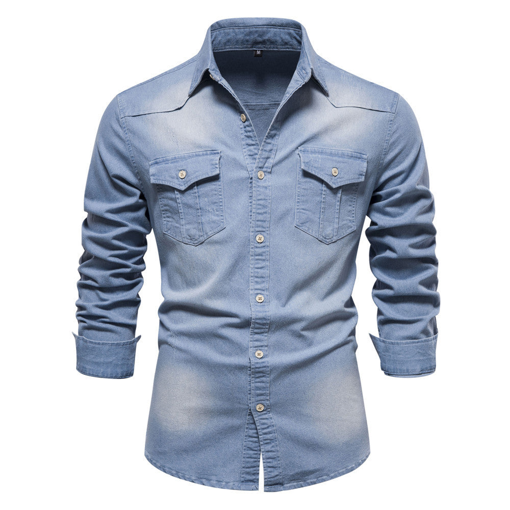Men's Long-sleeved Denim Shirt Casual Solid Button Slim Top