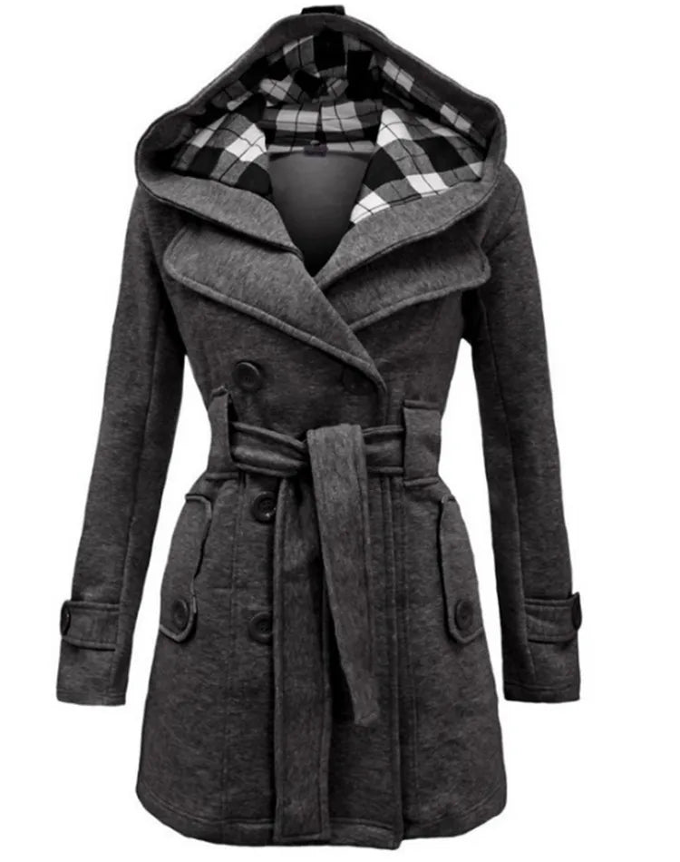 Women's Vintage Slim Woolen Coat with Belt - Double Breasted Winter Jacket