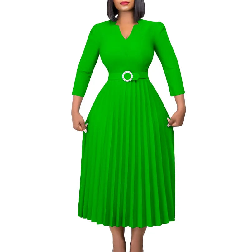 Elegant Fall Midi Dress - Women's V-Neck Pleated Office Dress
