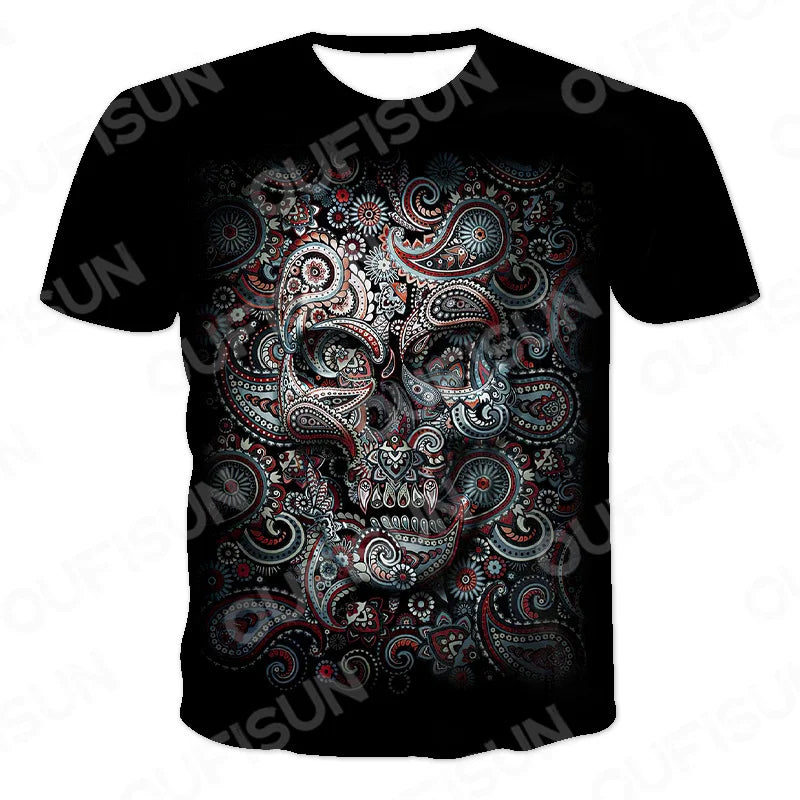 Men's Motorcycle Skull Print T-Shirt - Punk Streetwear Tee (6XL)