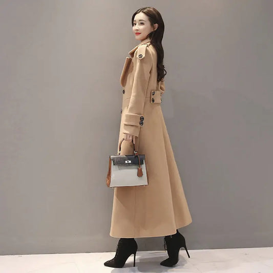 Women's Korean Slim Waist Over-Knee Woolen Coat - Elegant Winter Outerwear