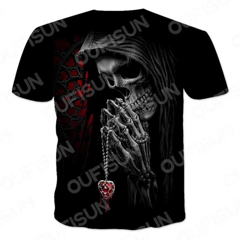 Men's Motorcycle Skull Print T-Shirt - Punk Streetwear Tee (6XL)