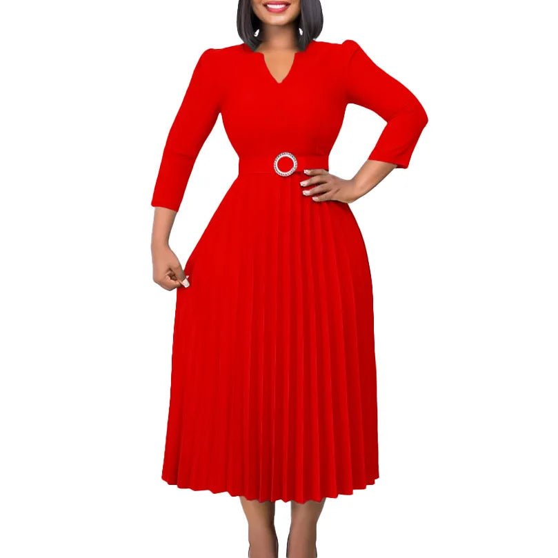 Elegant Fall Midi Dress - Women's V-Neck Pleated Office Dress