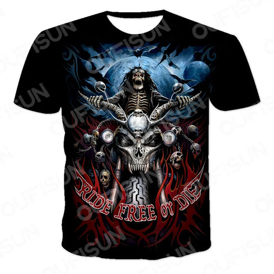 Men's Motorcycle Skull Print T-Shirt - Punk Streetwear Tee (6XL)