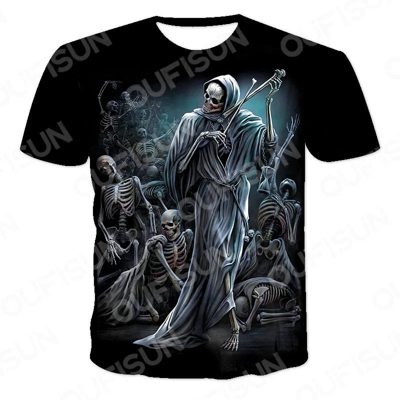 Men's Motorcycle Skull Print T-Shirt - Punk Streetwear Tee (6XL)
