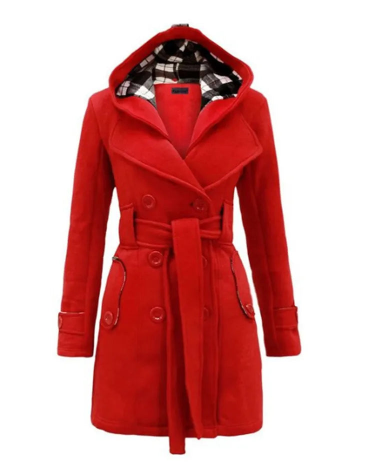 Women's Vintage Slim Woolen Coat with Belt - Double Breasted Winter Jacket