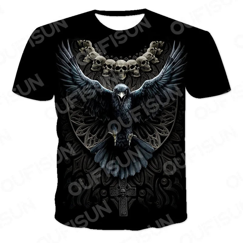 Men's Motorcycle Skull Print T-Shirt - Punk Streetwear Tee (6XL)