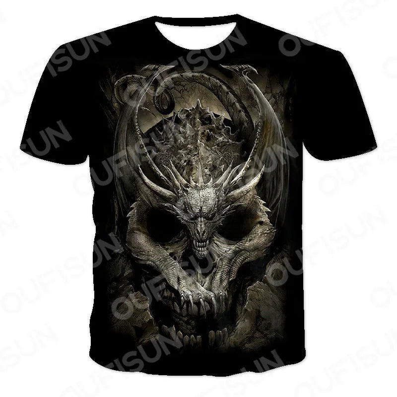 Men's Motorcycle Skull Print T-Shirt - Punk Streetwear Tee (6XL)